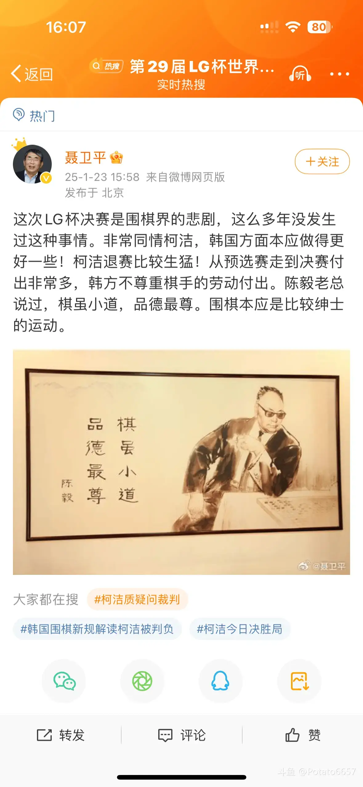 罚柯vs卞，你萌资盗么，就在锵锵，在LG杯中，卡四目负一局夺冠，柯洁直接退赛，也是见证历史了，我们康康聂老是怎么说的